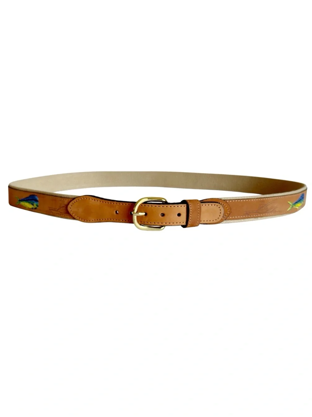 Zep-Pro Dolphin Mahi-Mahi Embroidered Nubuck Tan Leather Men’s 46 Belt USA